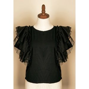 Vintage Fashion Style Black Top Ruffle Shoulders Stretchy Top / Career Gothic L